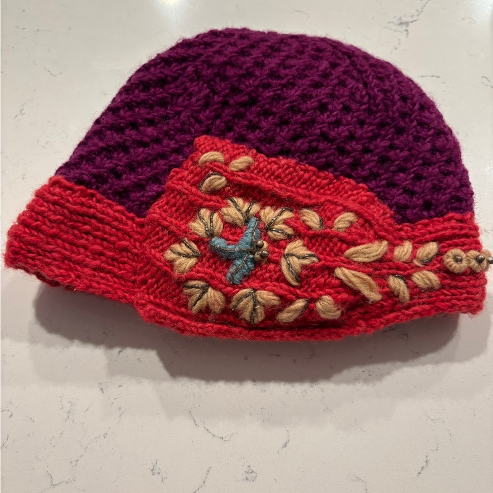 French Knot Wool Beanie Hat Embroidered Flower Beaded Pink Purple Fleece Lined